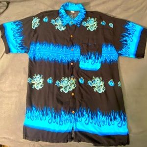 Vintage XXL Mens Black Blue Dragon /Flames Hawaiian Button Shirt